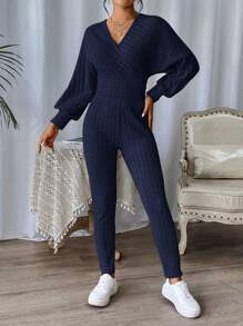 SHEIN Essnce Solid Color V-neck Batwing Sleeve Top And Pants Set - Navy Blue - View 4