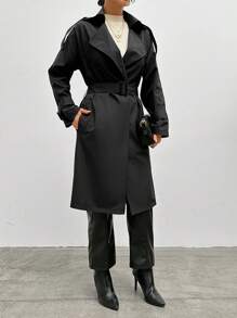 EURMUSE Turn-down Collar Coat With Pockets And Side Stripes - Black - View 4