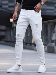 Manfinity Homme Men's Ripped Slim Fit Jeans - Beige - View 1