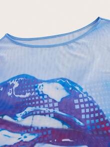 SHEIN ICON 女士長袖唇印花寬鬆上衣 - 藍色 - 查看 3