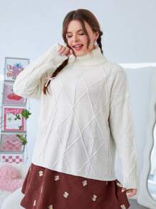 SHEIN EZwear Plus Size High Neck Long Sleeve Sweater Pullover - Beige - View 5