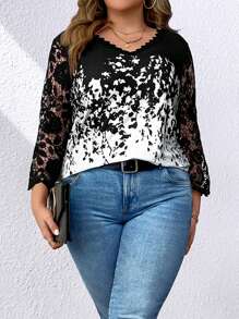 SHEIN LUNE Plus Size Women Tops Kontras Lace Blok Warna Bunga Casual Anggun - Hitam - View 5