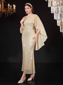 Modelyn Lưới Nối Nàng tiên cá Hem Kim sa Đầm Với Cape Thiết kế , Dạ hội Retro Đầm - Vàng - Xem 6