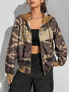 SHEIN Unity 迷彩字母印花束口帽衫 - 軍綠色 - 查看 4