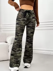 SHEIN EZwear Women's Camouflage Drawstring Waist Flared Pants - Multicolor - View 4