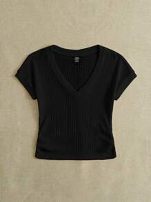 SHEIN EZwear 夏季外出搭配女士純色v領t恤 - 黑色 - 查看 3