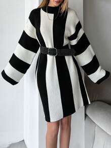 EURMUSE Two Tone Mock Neck Trumpet Sleeve Sweater Dress Without Belt - 黑與白 - 查看 5
