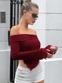 SHEIN ICON Top de malla con hombros descubiertos y dobladillo asimétrico con volantes - Burdeos - Ver 3