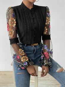 Chiquease Flower Embroidery Button-Front Shirt Fall Cloth For Women - Black - View 6