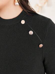 Modelyn Plus Size Knitted Sweater Dress With Button Decoration, Fuzzy Cuffs And Asymmetric Hemline