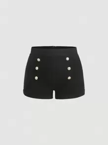 SHEIN MOD 大尺碼鈕扣細節牛仔短褲 - 黑色 - 查看 1