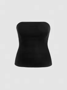 SHEIN MOD Top Jeans Plus Size Com Zíper Lateral E Gola Halter - Preto - Visão 1