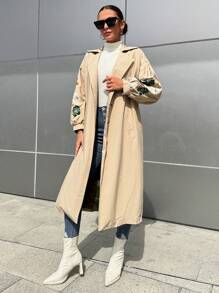 RueChic Floral Print Drop Shoulder Slant Pocket Trench Coat - Beige - View 3