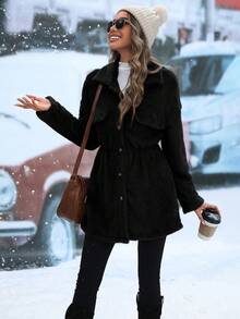 SHEIN LUNE Solid Color Drawstring Waist And Drop Shoulder Coat - Black - View 3