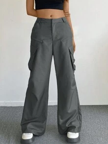 Solid Color Simple Cargo Trousers - Grey - View 3