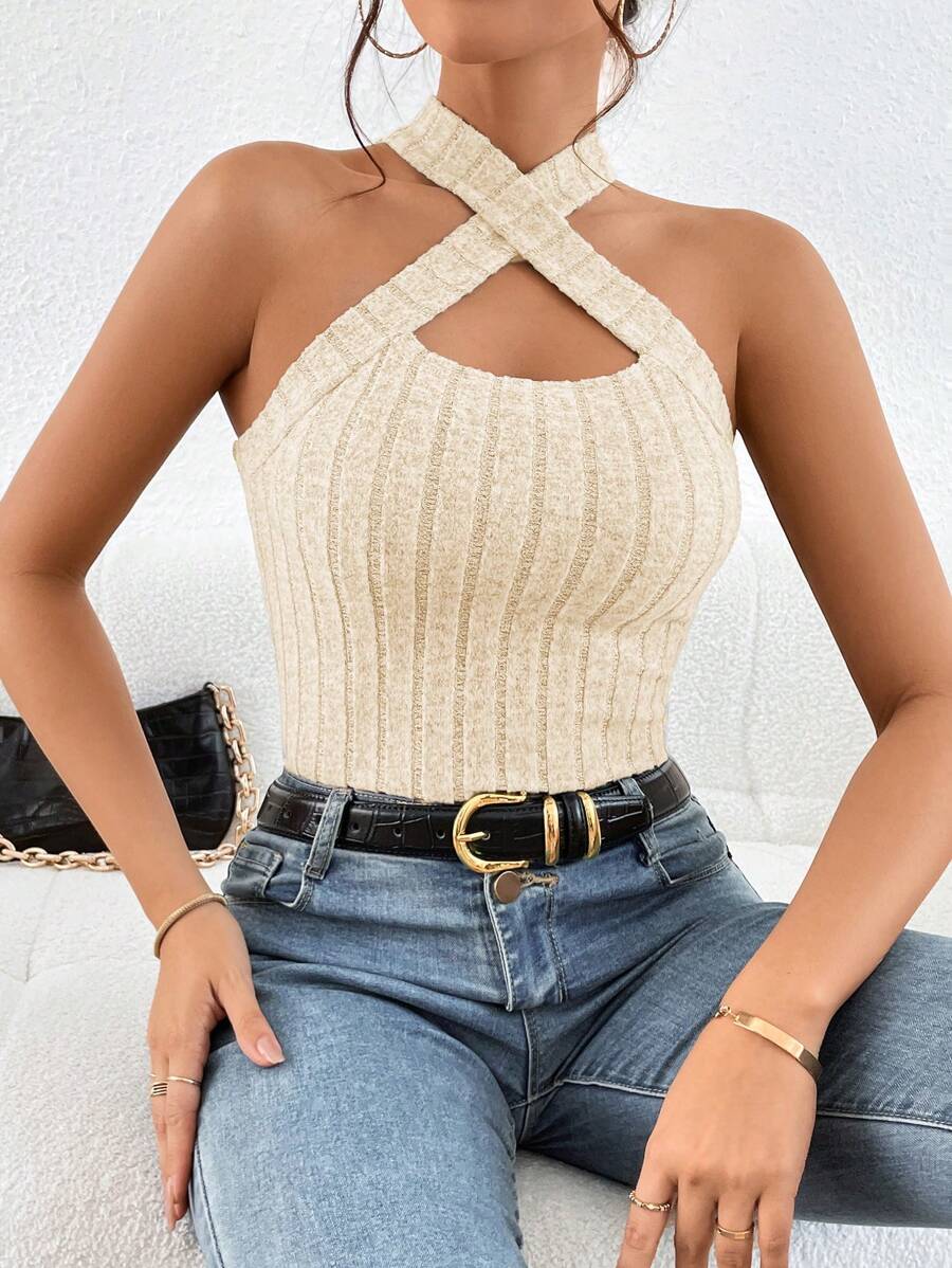 SHEIN Essnce Women's Ribbed Knit Halter Top - Apricot - View 1