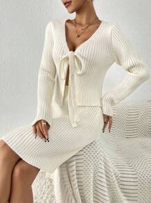 SHEIN Essnce 女士扭結前開釦針織開衫毛衣和針織裙子兩件套裝 - 白色 - 查看 6