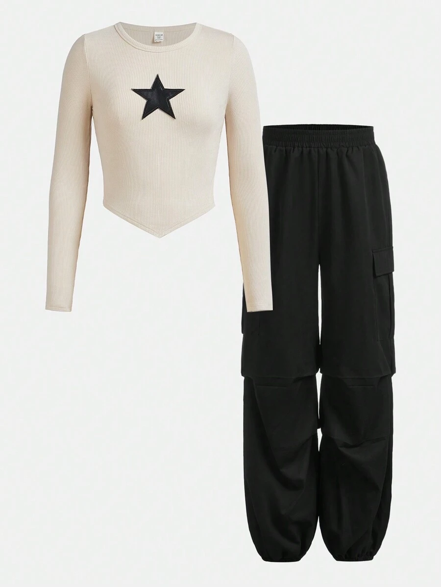 SHEIN Leap Crew Teenage Girls' Star Pattern T-shirt And Cargo Pants 2pcs Outfit Set