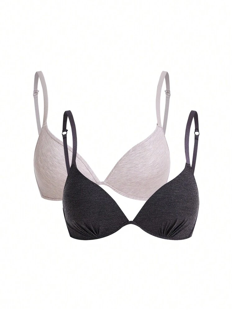 Leisure Solid Color Ruffle Detail Bra ,2 Pcs
