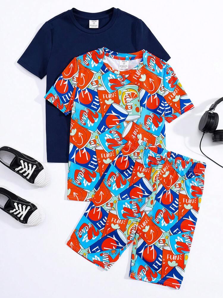 Tween Boy Snug Fit Allover Print Round Neck Short Sleeve Top & Shorts Home Outfit Set (3pcs)