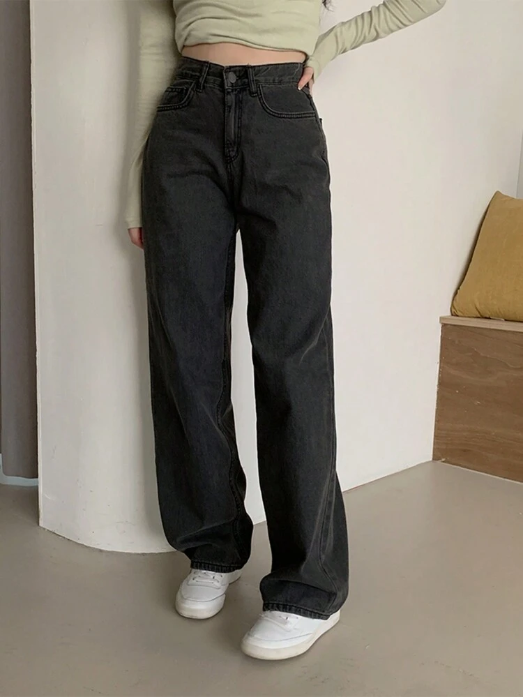 Washed Black Straight Leg Jeans Fall,Winter