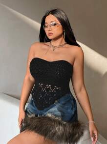 SHEIN ICON 大尺碼空心針織上衣 - 黑色 - 查看 4