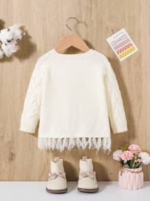 SHEIN Baby Girls' Casual Round Neck Pullover Sweater With Fringe Hem, Long Sleeve - White - View 2