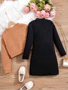 SHEIN Conjunto De Dos Piezas Para Niñas, Que Incluye Chaqueta De Forro Polar Color Caqui Y Vestido Negro, Para Niños Mayores