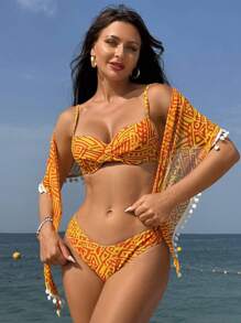 SHEIN Swim Two-Piece Bikini Set Decorated With Summer Beach