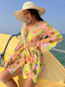 Swim Vcay 熱帶印花三角杯比基尼套裝和和服長袍 - 彩色 - 查看 3