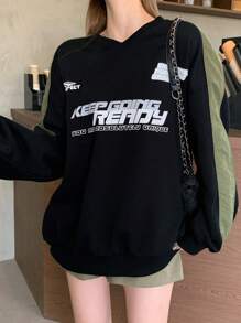 DAZY Sudadera Con Impresión De Eslogan Y Costura Lateral De Contraste - Negro - Ver 4