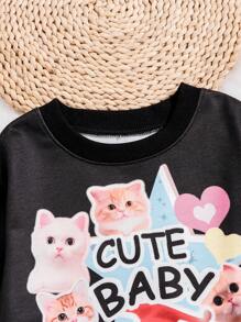 SHEIN Nhỏ bé Cô gái Mèo & Lá thư In Áo nỉ - màu đen - Xem 4