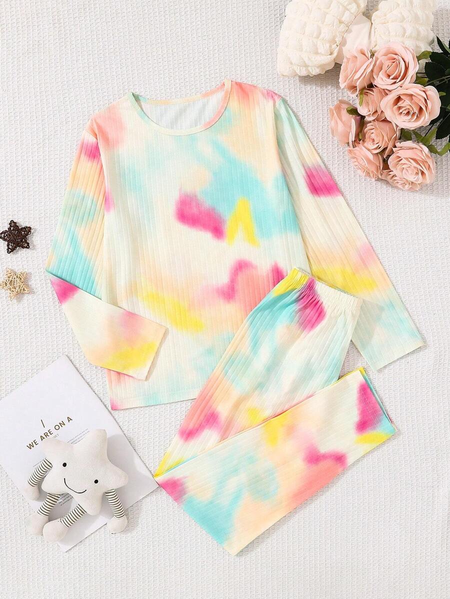 Tween Girl Ribbed Tie-Dye Print Crew Neck Long Sleeve T-Shirt & Pants Pajama Set - Multicolor - View 1
