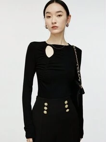 Áo len dài tay lót nhiệt ấm áp thoải mái khoét rỗng xếp ly ôm vừa vặn thu đông mới về - màu đen - Xem 4