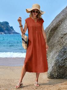 EMERY ROSE Women's Burnt Orange Notched Neck Button Detail Slit Dress For Summer - Redwood - View 4