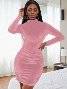 SHEIN Slayr 純色百褶長袖修身連身裙 - 粉色 - 查看 4