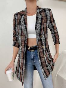 EURMUSE Plaid Pattern Double Breasted Lapel Neck Overcoat - Multicolor - View 4