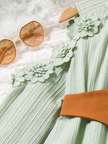 SHEIN Áo sơ mi vai lạnh ba chiều lưng dài đính hoa của cô gái tuổi teen - Màu xanh Bạc hà - Xem 6