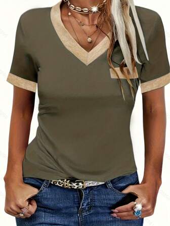 European And American Women's Summer Slim Fit Casual Base T-Shirt, Short-Sleeved V-Neck Color Block Top