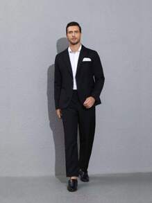 Men 1pc Single Button Blazer & 1pc Suit Pants - Black - View 4