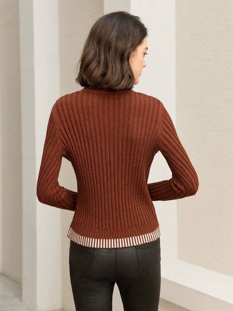 V-Neck False Button Long Sleeve Knit Pullover Fall Winter Sweater