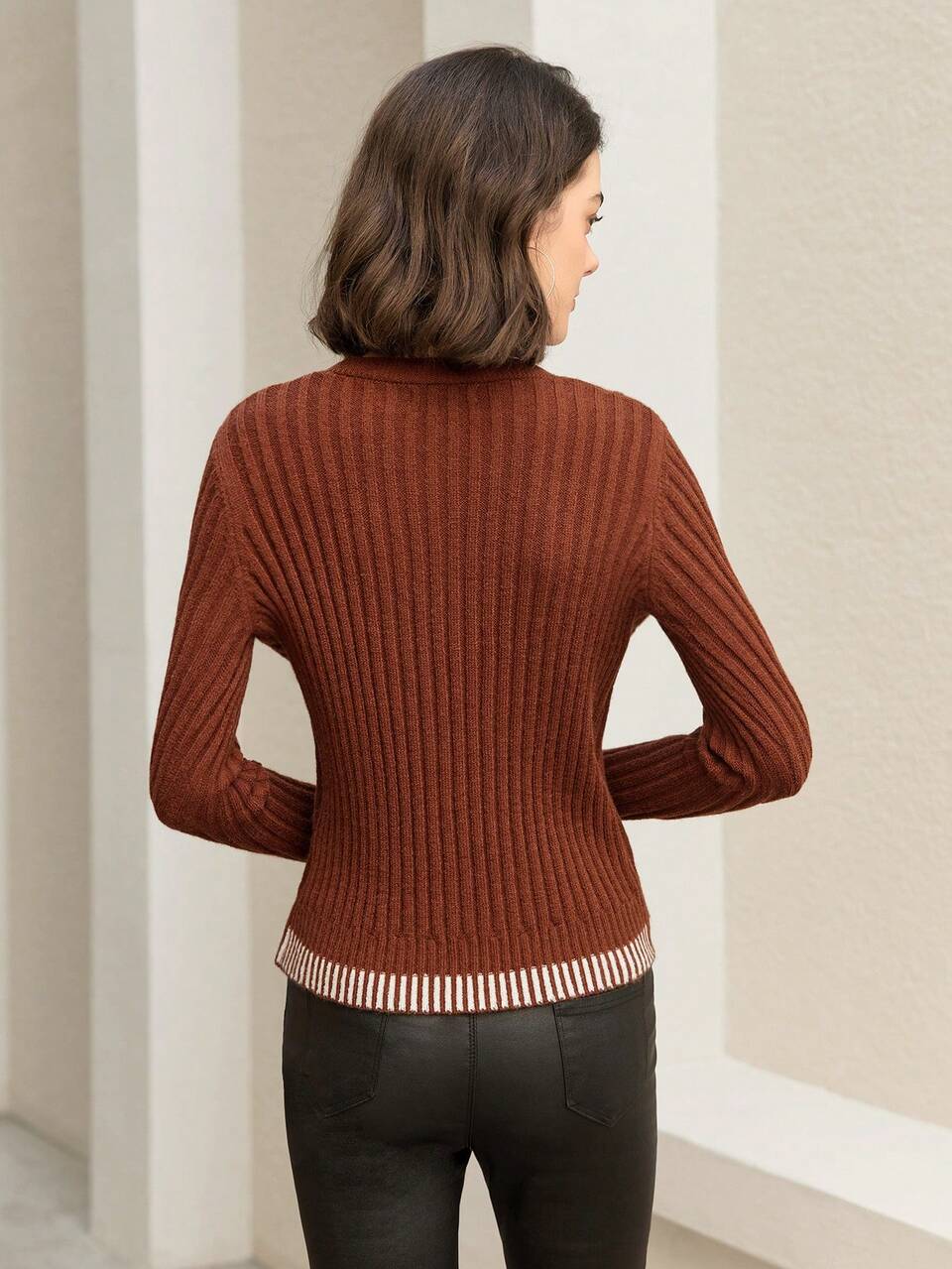 V-Neck False Button Long Sleeve Knit Pullover Fall Winter Sweater
