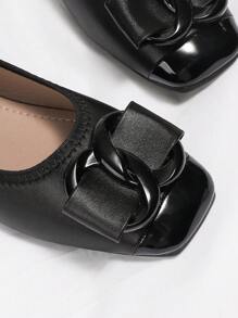 Fall/Winter Chain & Bow Decor Square Toe Ballet Flats - Black - View 6