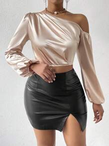 SHEIN Privé 不對稱領口燈籠袖彩色斜紋襯衫 - 杏色 - 查看 3