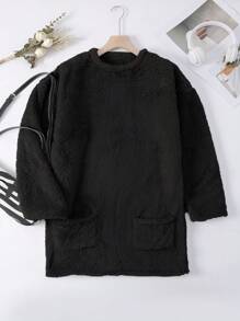 SHEIN LUNE Plus Dual Pocket Teddy Sweatshirt - Black - View 1