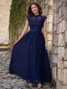MIUSOL Robe de soirée en mousseline de soie avec corsage en dentelle contrastée et détail ruban - Bleu marine - Voir 5