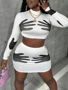 Slaydiva 手繪圖案緊身上衣和裙子套裝 - 白色 - 查看 3