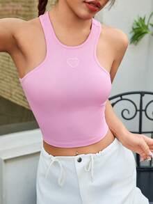 SHEIN EZwear 心形刺繡短款背心 - 粉色 - 查看 6