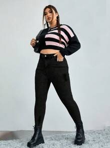 SHEIN EZwear Plus Size Women's Slim Fit Denim Jeans - Black - View 4