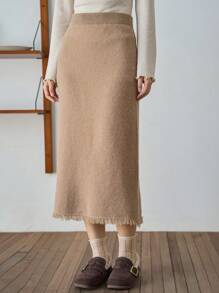 FRIFUL Của phụ nữ Viền tua Hem Váy len nửa mảnh - Màu Khaki - Xem 5